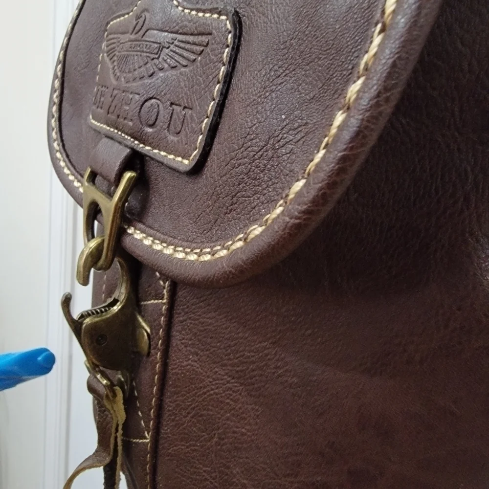 Zhi Zhou Crossbody Bag Flap Top Brown with Contrast Stitching